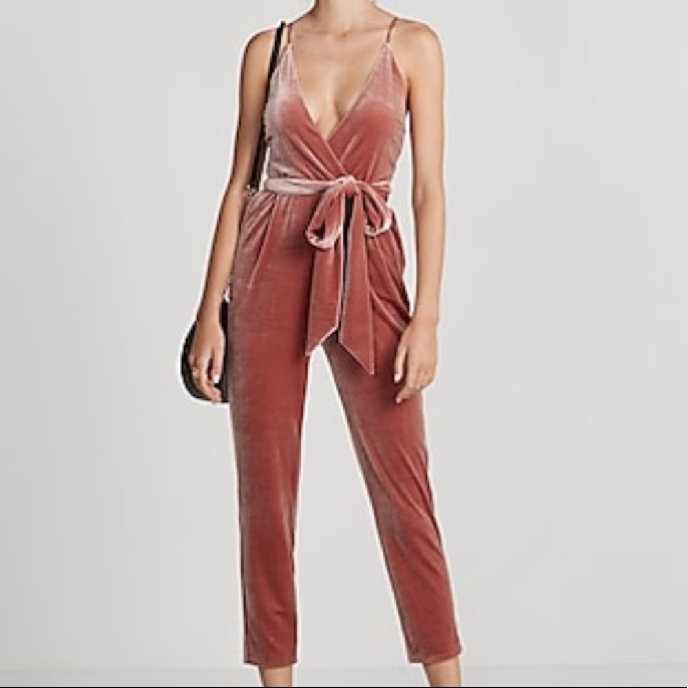 Rose gold v neck tank strappy velvet jumpsuit